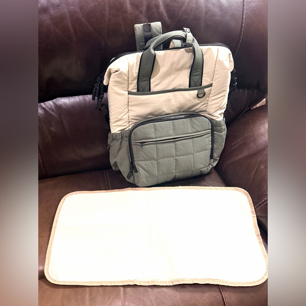 Quilted Two-Tone Backpack Diaper Bag, Sage Green&Cream, Brand: Vonal, Amazon,New